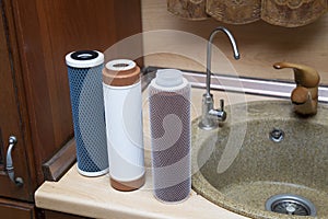 Replaceable filters for cleaning tap water. Three-stage water treatment system