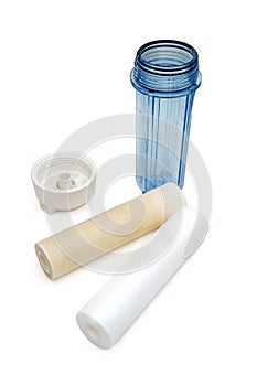 Replacement new water filter cartridge with old used filter cartridge