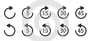 Replay icon for application and web or Media player control. Repeat 5, 15, 30, 45 seconds simple vector icon.
