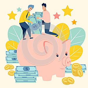 Replenishment of the family budget. People add savings to the piggy bank. In minimalist style. Cartoon flat Vector