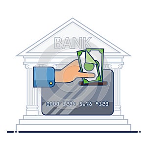 Replenishment of plastic card. Credit or debit card and paper money. Flat vector design isola