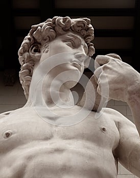 Replica of David statue of Michelangelo in Florence, Italy. Architecture and landmark of Florence. Postcard of Florence