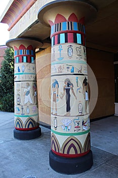 Replica of Egyptian columns in front of a building in Pigeon Forge Tennessee