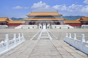 Replica of Forbidden City with walkway and mountain ridge, Hengdian, China