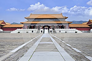 Replica of Forbidden City with walkway and mountain ridge, Hengdian, China