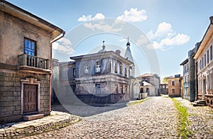 A replica of old houses on a city street on the territory of the museum of the Mosfilm film concern in Moscow