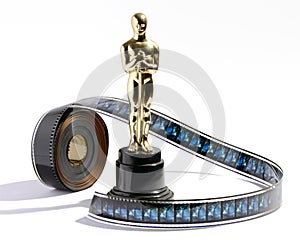 Replica Oscar statue with a roll of movie film