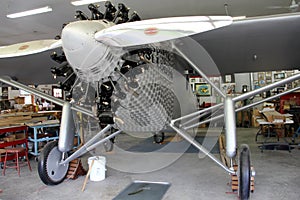 Replica of the Spirit of St. Louis in the hangar at the Old Rhinebeck Aerodrome