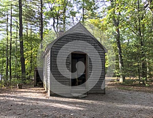 Replica of Thoreau`s Cabin at Walden Pond in the Fall, Concord, Mass, New England