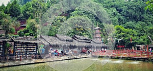 Replica of traditional Japanese buildings in the natural attractions of The Great Asia Africa with an artificial lake.