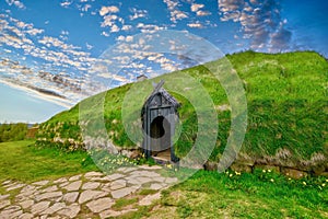 A replica of a Viking turf farmhouse in Iceland.