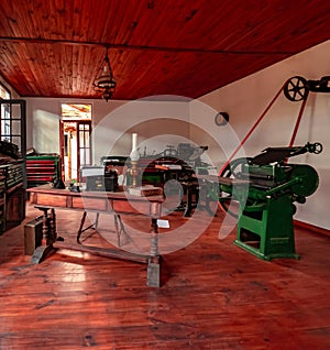 Replica of a vintage printing press workshop