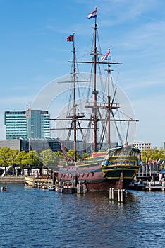 Replica VOC-ship Amsterdam moored in front of Dutch National Maritime Museum