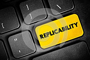 Replicability - the quality of being able to be exactly copied or reproduced, text button on keyboard, concept background photo
