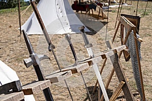 Replicas of medieval weapons at a historical reenactment festival