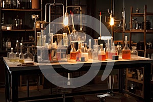 replication of a science lab with scientific equipment, test tubes, and beakers