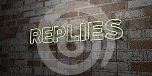 REPLIES - Glowing Neon Sign on stonework wall - 3D rendered royalty free stock illustration photo