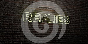 REPLIES -Realistic Neon Sign on Brick Wall background - 3D rendered royalty free stock image