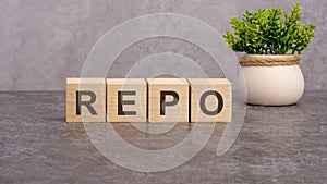 REPO concept on wooden cubes and flower in a pot in the background