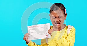 Report card, fail and girl crying in studio with presentation of grades, bad rating or problem in education. School