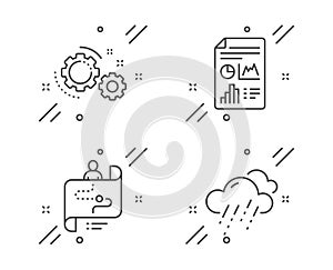 Report document, Journey path and Gears icons set. Rainy weather sign. Vector