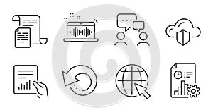 Report, Document and Recovery data icons set. Music making, Internet and Cloud protection signs. Vector