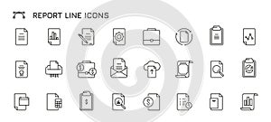 Report line icons. Check mark, tick, download and upload, data analyze and generate, graph and chart, document and