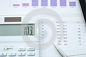 On report with numbers lies calculator and pen