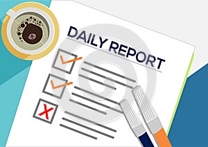 Daily Report or planning icon concept. One task failed. Paper sheets with check marks, abstract text and marker.