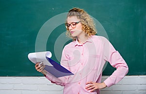 Report project. back to school. essay writing. teacher with document folder. reading student in glasses at blackboard