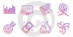 Report statistics, Hot sale and Credit card icons set. Target, Bar diagram and Euro money signs. Vector