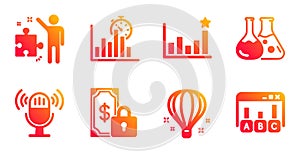 Report timer, Air balloon and Strategy icons set. Efficacy, Private payment and Microphone signs. Vector