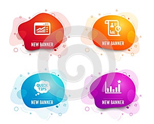 Report, Web traffic and Quick tips icons. Efficacy sign. Work statistics, Website window, Helpful tricks. Vector