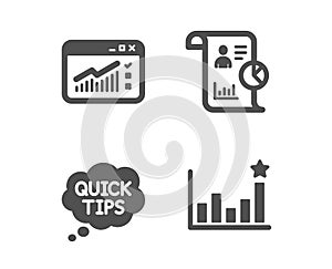 Report, Web traffic and Quick tips icons. Efficacy sign. Work statistics, Website window, Helpful tricks. Vector