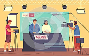 Reportage in studio news, broadcast, vector banner