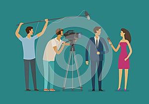 Reportage, television concept. Crew or journalist take interview. Cartoon vector illustration