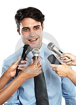 Reporter, microphone and interview for happy businessman, government worker or corporate speaker. Speech, communication