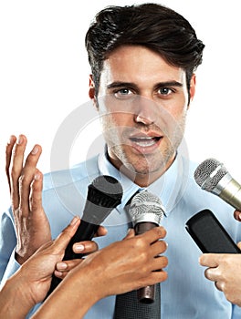 Reporter microphone, portrait and interview for businessman, government worker or speaker. Speech, communication and