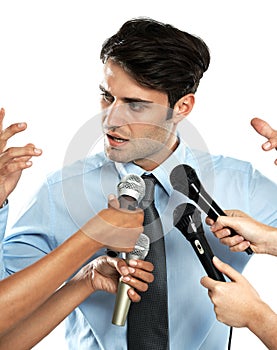 Reporter, studio microphone and interview for businessman, government worker or corporate speaker. Speech, communication