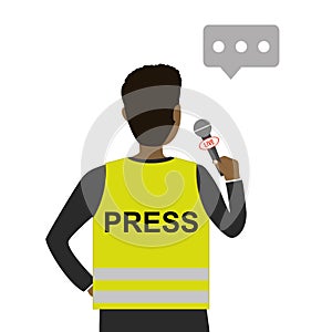 Reporter wearing yellow vest. Text on back- press. African american or latin man back view. Cartoon correspondent holds