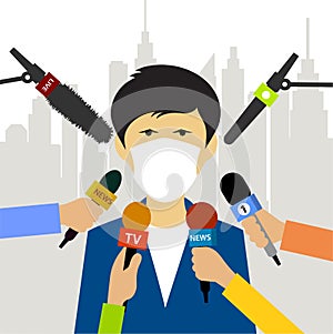 Reporters interview a man in a protective mask vector illustration