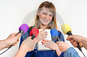 Reporters making interview with book writer