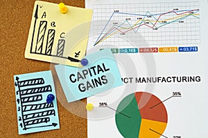Reporting graphs and diagrams are hung on the board, a sticker with the inscription - Capital gains