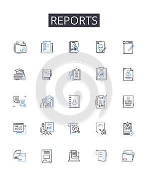 Reports line icons collection. Records, Files, Documents, Accounts, Bulletins, Briefings, Announcements vector and