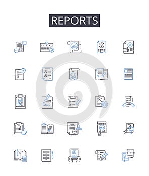Reports line icons collection. Records, Files, Documents, Accounts, Bulletins, Briefings, Announcements vector and