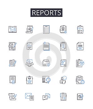 Reports line icons collection. Records, Files, Documents, Accounts, Bulletins, Briefings, Announcements vector and