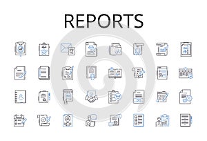 Reports line icons collection. Records, Files, Documents, Accounts, Bulletins, Briefings, Announcements vector and