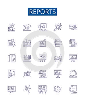 Reports line icons signs set. Design collection of Records, Surveys, Findings, Evaluations, Accounts, Analyses