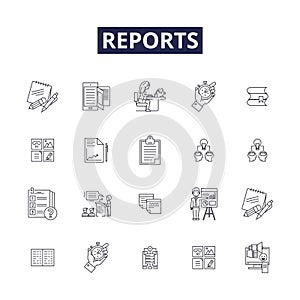 Reports line vector icons and signs. Audits, Summaries, Reviews, Data, Surveys, Statistics, Investigations, Metrics photo