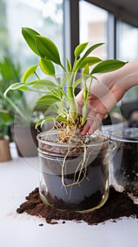 Repotting urgency Home potted plant outgrows container, roots entwined